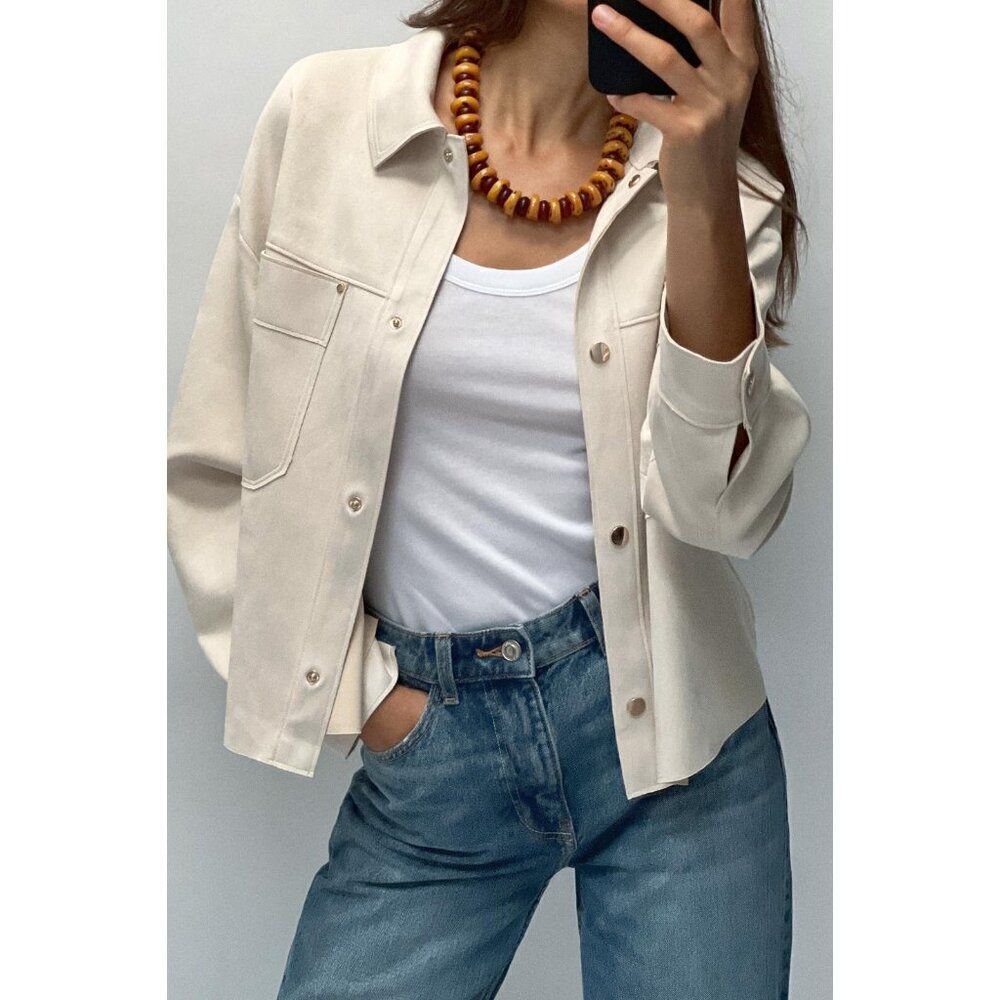Zara Womens Faux Sued Jacket Size 2XL Ivory Beige Snap Shacket 4968/221 NWT